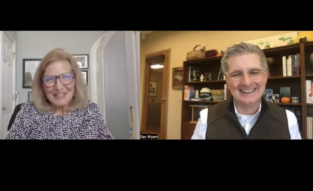 Dan Wyant visits with Barbara Stankowski, a retired naval officer who launched AMTIS Inc. in 2007. A provider of information technology, training, leadership development and other services, AMTIS was on the Inc. 5000 list for six consecutive years before Stankowski sold it 2018.